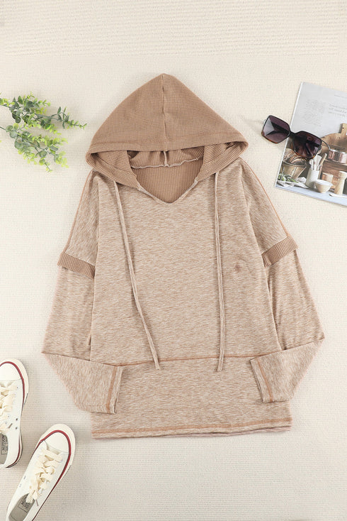 Waffle Patchwork V Neck Pullover Knit Hoodie