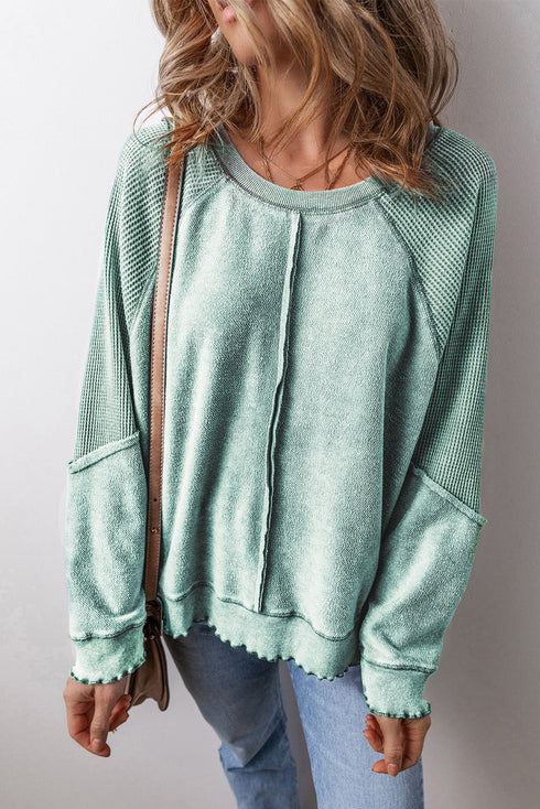 Waffle Texture Exposed Seam Long Sleeve Pullover