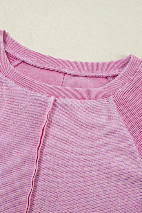 Waffle Texture Exposed Seam Long Sleeve Pullover