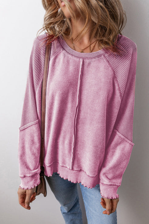 Waffle Texture Exposed Seam Long Sleeve Pullover