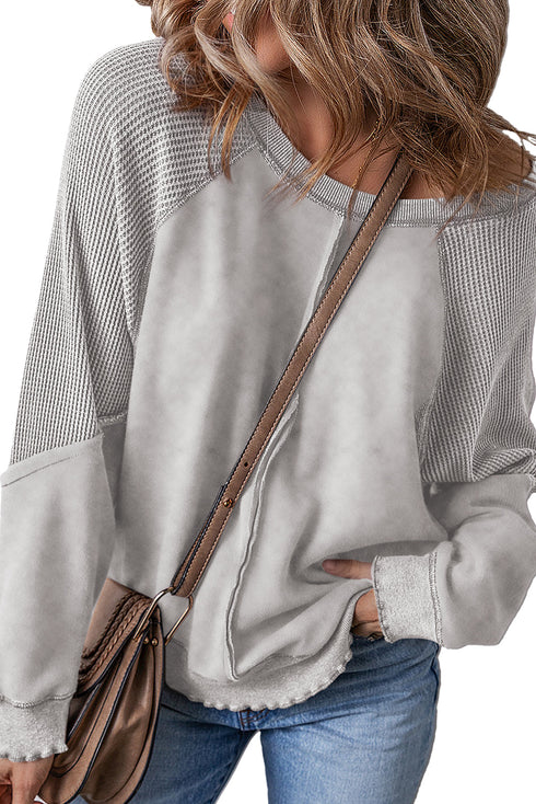 Waffle Texture Exposed Seam Long Sleeve Pullover Top