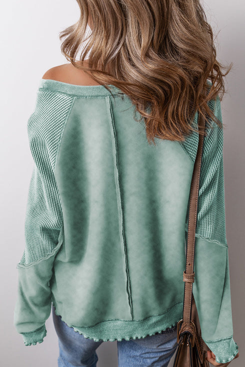 Waffle Texture Exposed Seam Long Sleeve Pullover Top