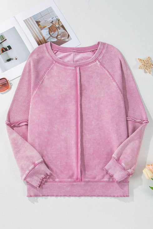 Waffle Texture Exposed Seam Long Sleeve Pullover Top