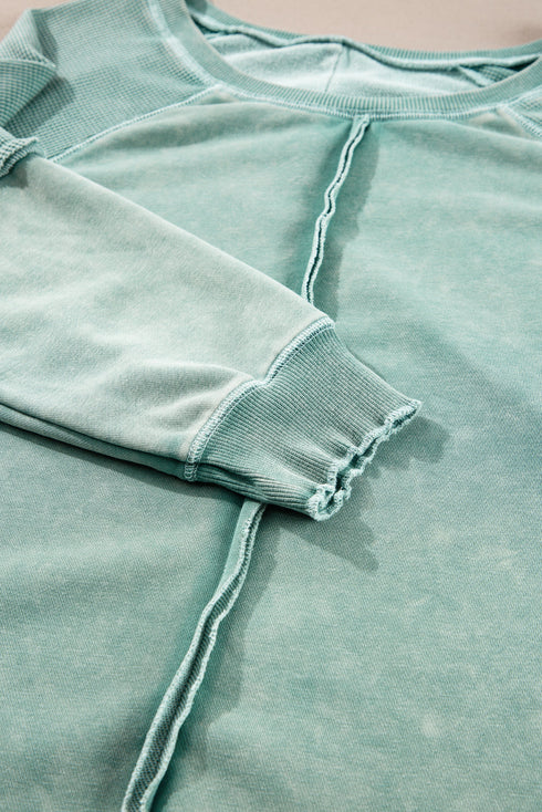 Waffle Texture Exposed Seam Long Sleeve Pullover Top