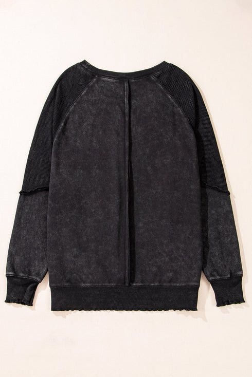 Waffle Texture Exposed Seam Long Sleeve Pullover Top