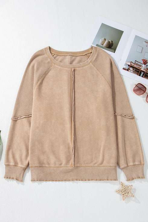 Waffle Texture Exposed Seam Long Sleeve Pullover Top