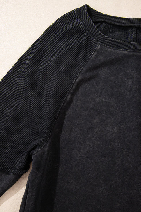 Waffle Texture Exposed Seam Long Sleeve Pullover Top