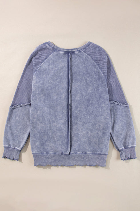 Waffle Texture Exposed Seam Long Sleeve Pullover Top
