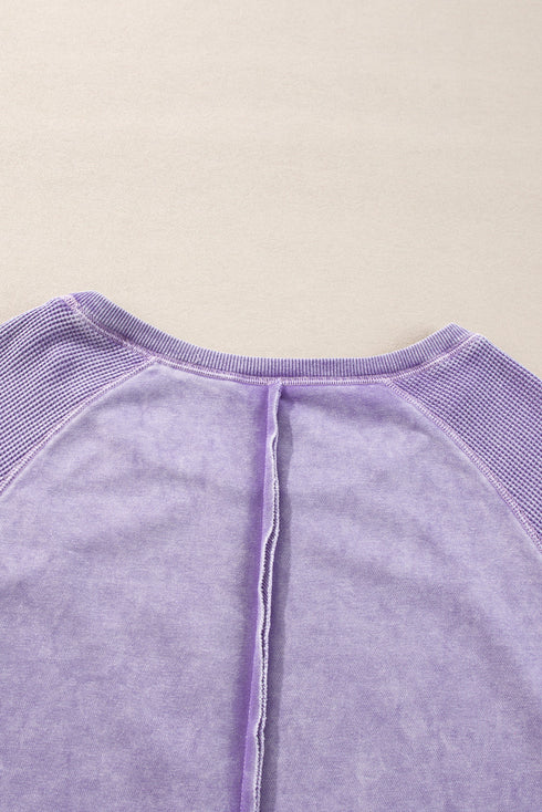 Waffle Texture Exposed Seam Long Sleeve Pullover Top