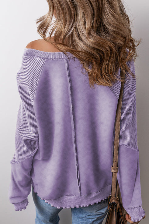 Waffle Texture Exposed Seam Long Sleeve Pullover Top