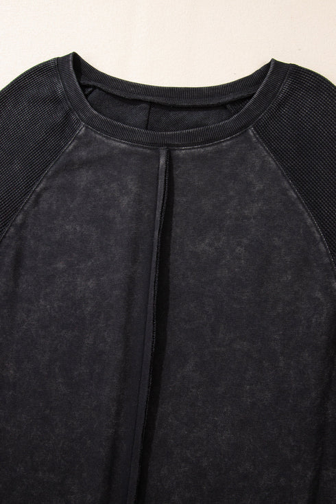 Waffle Texture Exposed Seam Long Sleeve Pullover Top