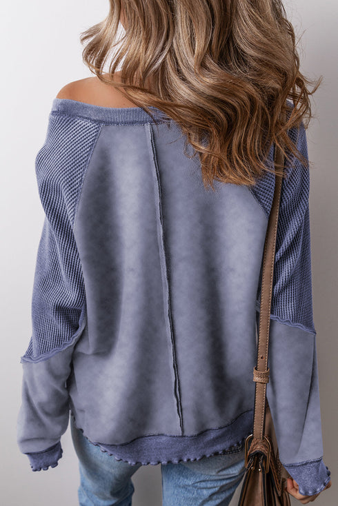 Waffle Texture Exposed Seam Long Sleeve Pullover Top