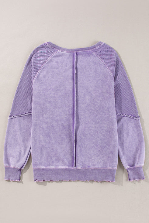 Waffle Texture Exposed Seam Long Sleeve Pullover Top