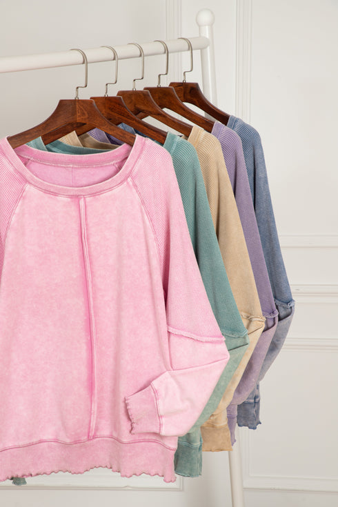 Waffle Texture Exposed Seam Long Sleeve Pullover Top