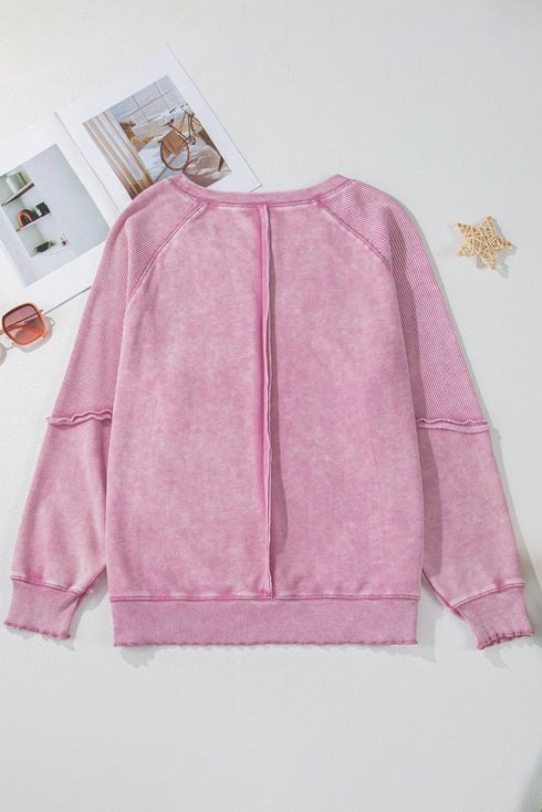 Waffle Texture Exposed Seam Long Sleeve Pullover Top