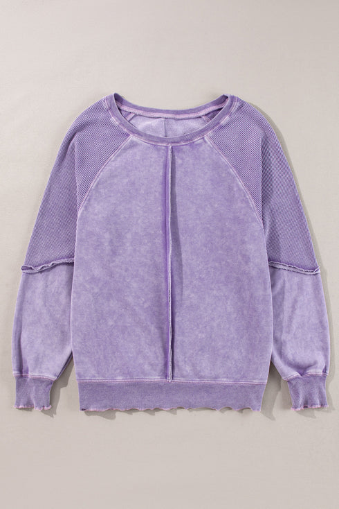 Waffle Texture Exposed Seam Long Sleeve Pullover Top