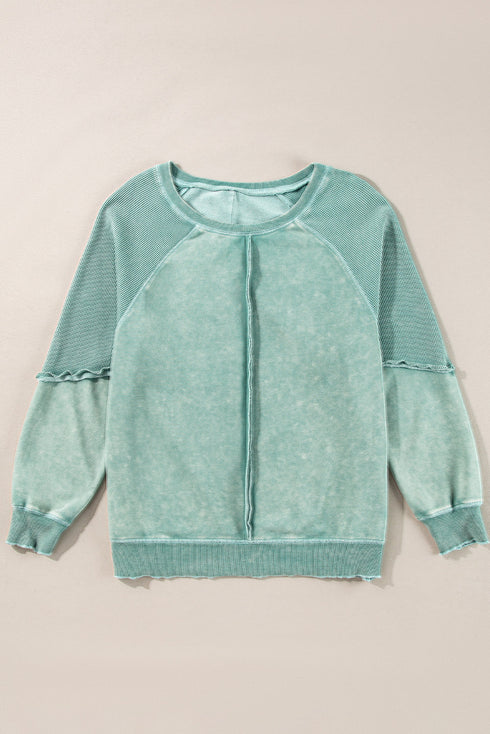 Waffle Texture Exposed Seam Long Sleeve Pullover Top