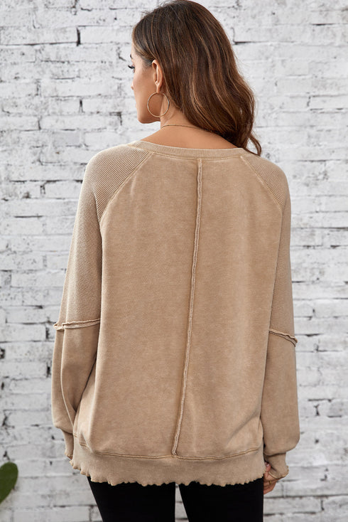 Waffle Texture Exposed Seam Long Sleeve Pullover Top