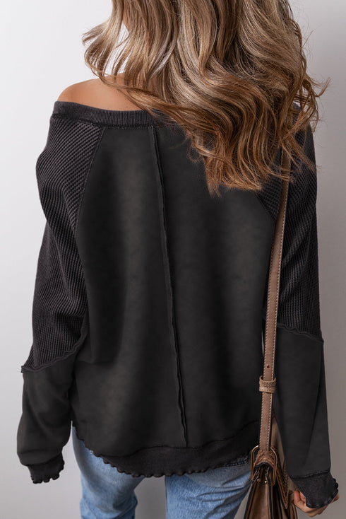 Waffle Texture Exposed Seam Long Sleeve Pullover Top