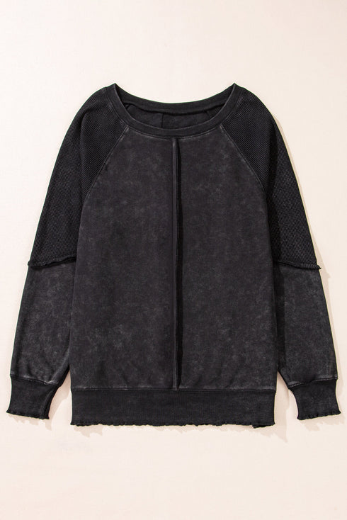 Waffle Texture Exposed Seam Long Sleeve Pullover Top