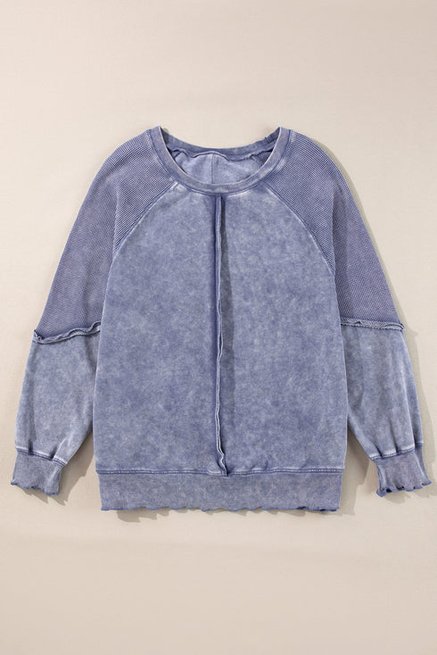 Waffle Texture Exposed Seam Long Sleeve Pullover Top