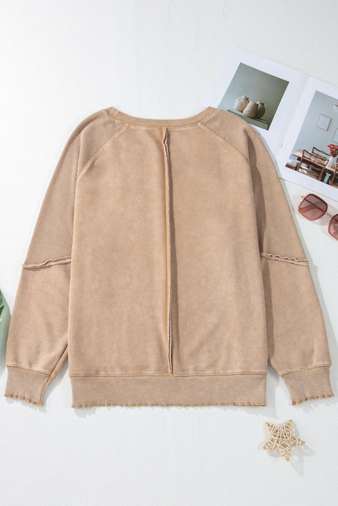 Waffle Texture Exposed Seam Long Sleeve Pullover Top