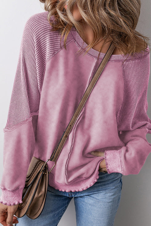 Waffle Texture Exposed Seam Long Sleeve Pullover Top