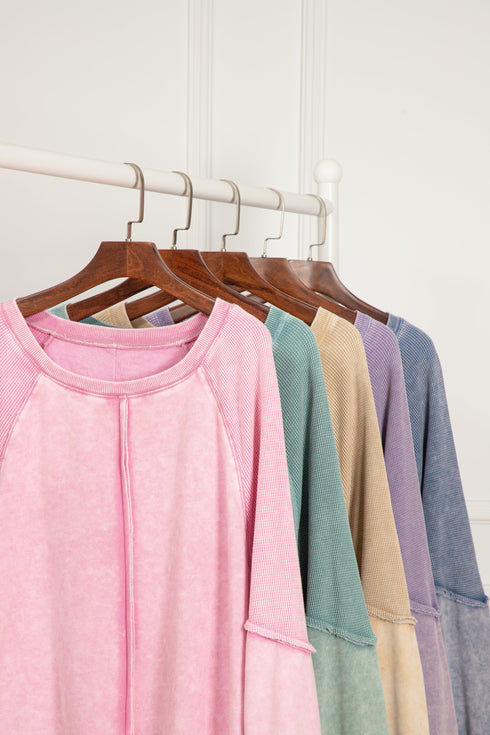 Waffle Texture Exposed Seam Long Sleeve Pullover Top