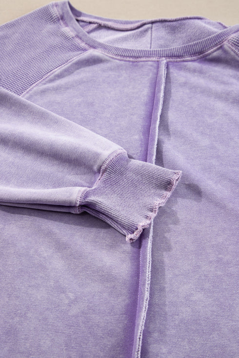 Waffle Texture Exposed Seam Long Sleeve Pullover Top