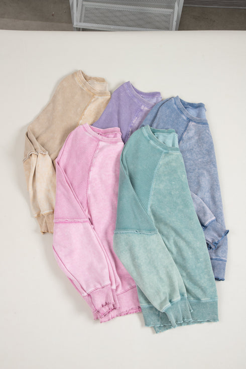 Waffle Texture Exposed Seam Long Sleeve Pullover Top