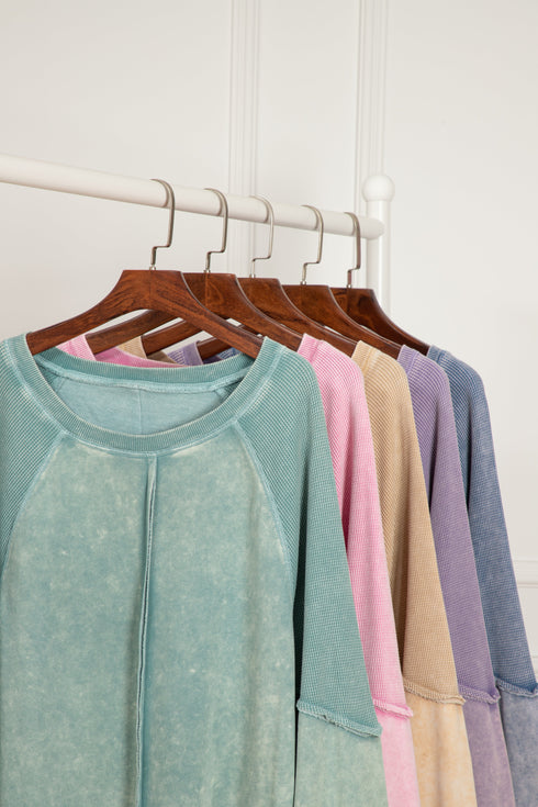 Waffle Texture Exposed Seam Long Sleeve Pullover Top