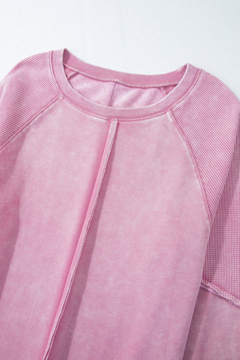 Waffle Texture Exposed Seam Long Sleeve Pullover Top