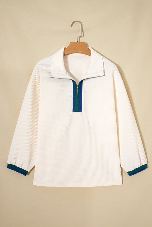 Waffle Texture Half Zip Collared Pullover Top