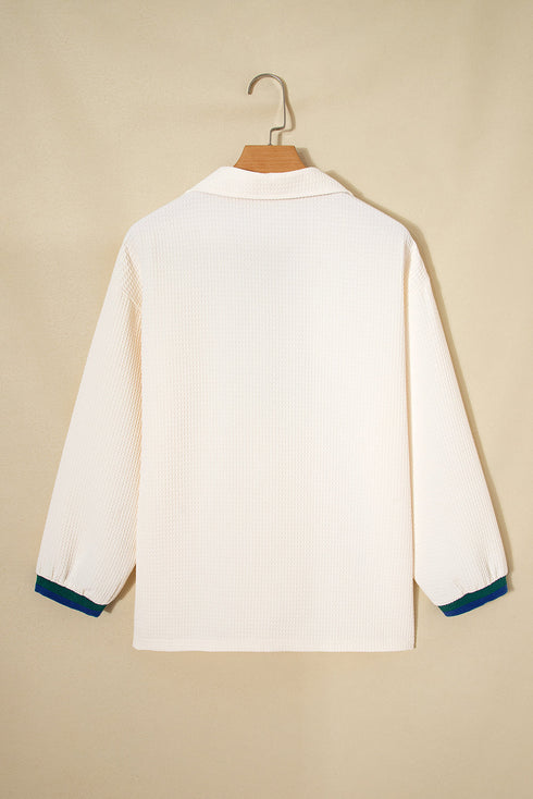 Waffle Texture Half Zip Collared Pullover Top
