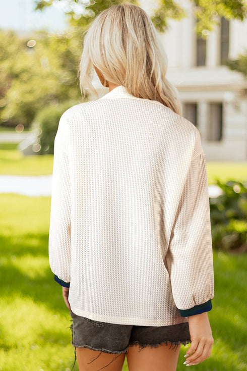Waffle Texture Half Zip Collared Pullover Top