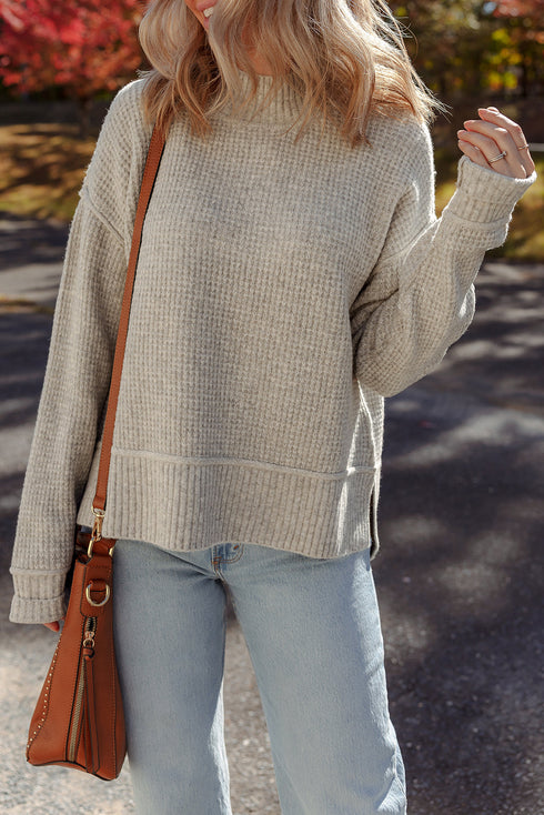 Waffle Texture Mock Neck Drop Shoulder Rib Hem Sweater