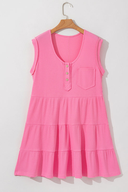 Waffle Textured Button Round Neck A-line Tiered Sleeveless Dress
