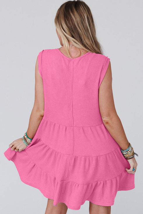 Waffle Textured Button Round Neck A-line Tiered Sleeveless Dress