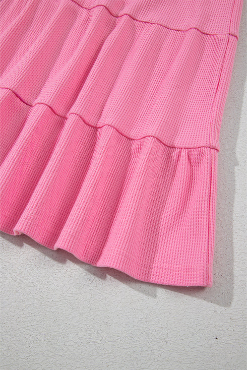 Waffle Textured Button Round Neck A-line Tiered Sleeveless Dress