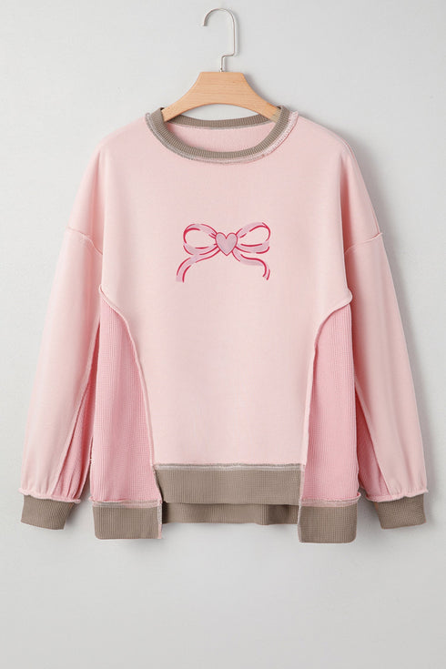 Waffle Trimmed Oversized Bow Graphic Crew Neck Pullover