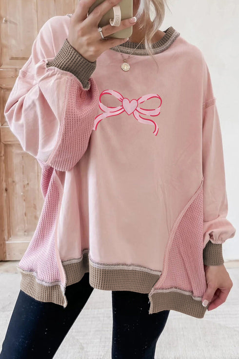 Waffle Trimmed Oversized Bow Graphic Crew Neck Pullover