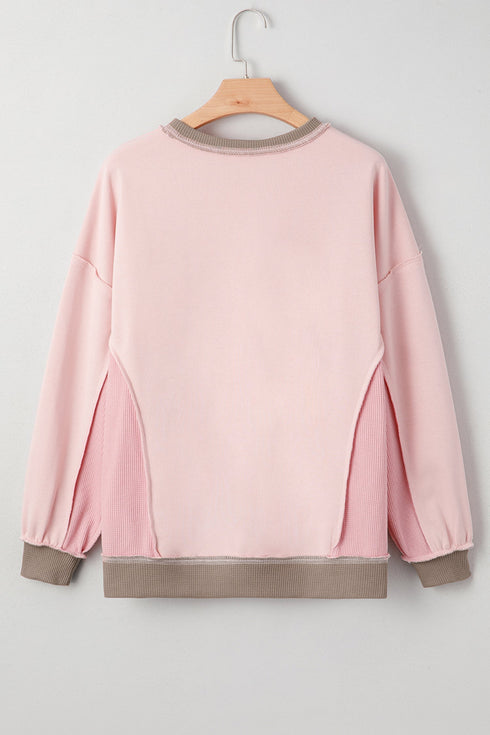 Waffle Trimmed Oversized Bow Graphic Crew Neck Pullover