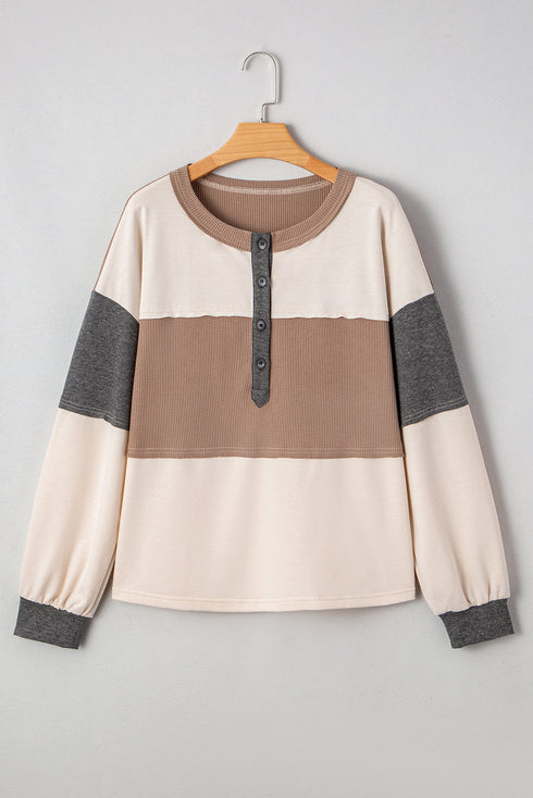 Waffled Patchwork Long Sleeve Loose Fit Henley Top