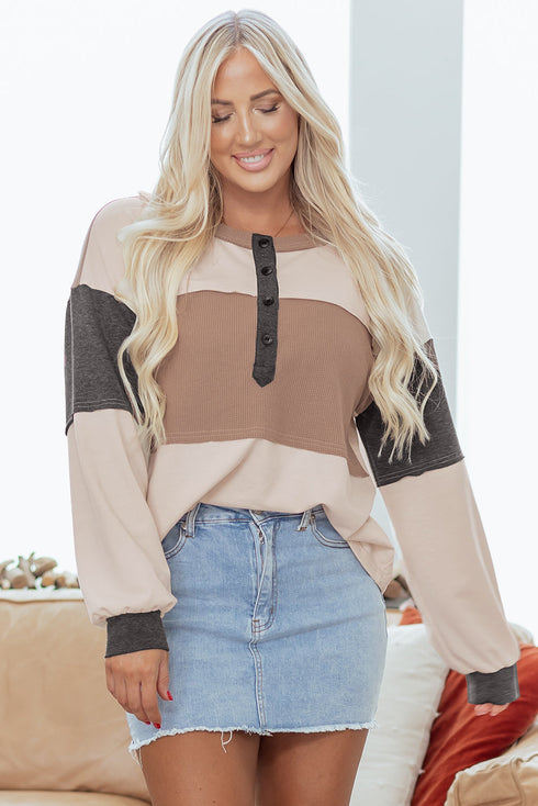 Waffled Patchwork Long Sleeve Loose Fit Henley Top