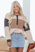 Waffled Patchwork Long Sleeve Loose Fit Henley Top
