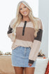 Waffled Patchwork Long Sleeve Loose Fit Henley Top