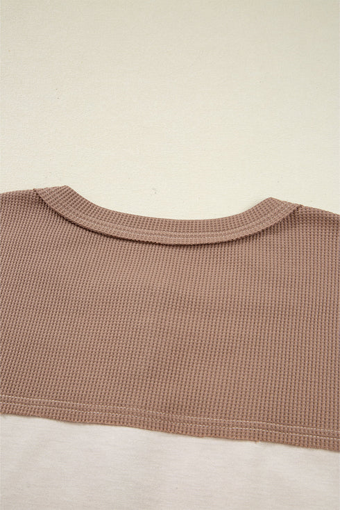 Waffled Patchwork Long Sleeve Loose Fit Henley Top