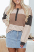 Waffled Patchwork Long Sleeve Loose Fit Henley Top