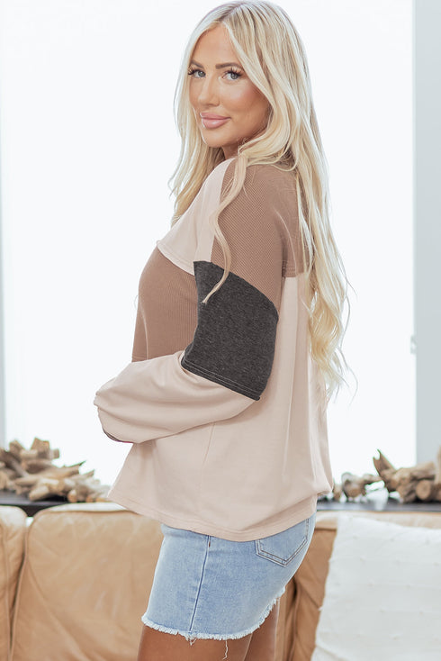 Waffled Patchwork Long Sleeve Loose Fit Henley Top