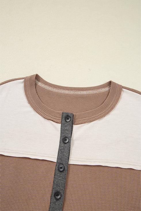 Waffled Patchwork Long Sleeve Loose Fit Henley Top